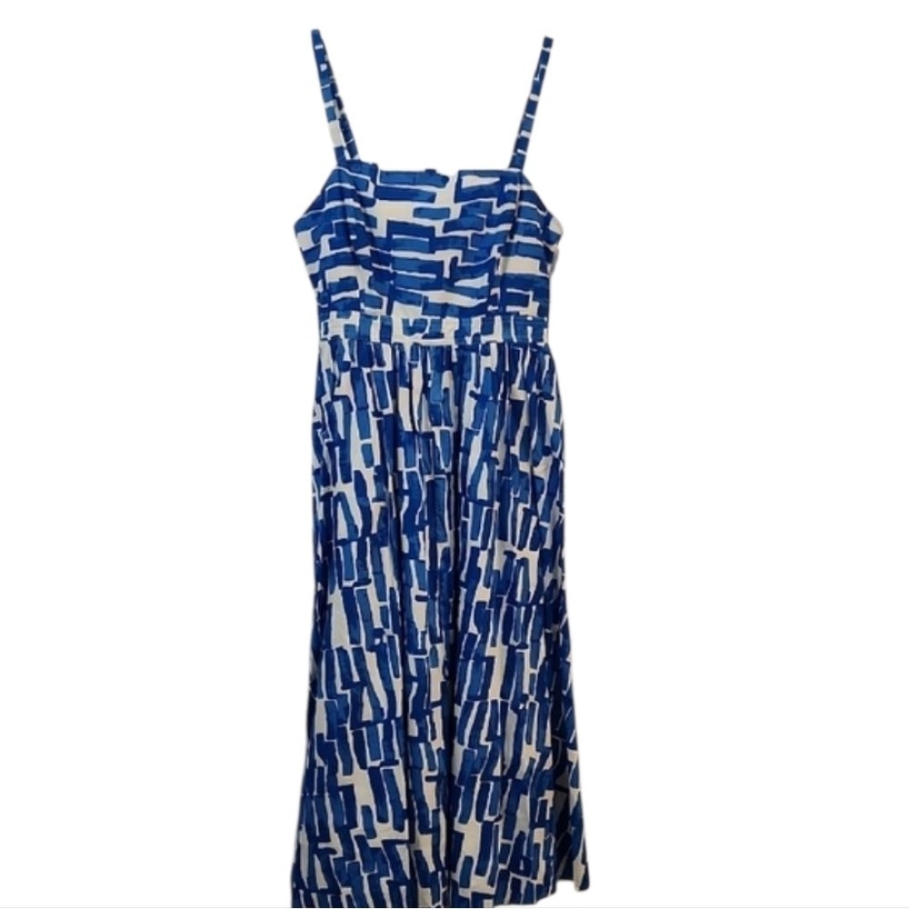 2 for $30 Nine West Midi Dress M Blue Geometric Print Smocked Pockets Vacation - Picture 10 of 11